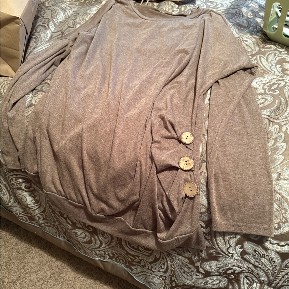 Taupe Long Sleeve Top with Button Detail